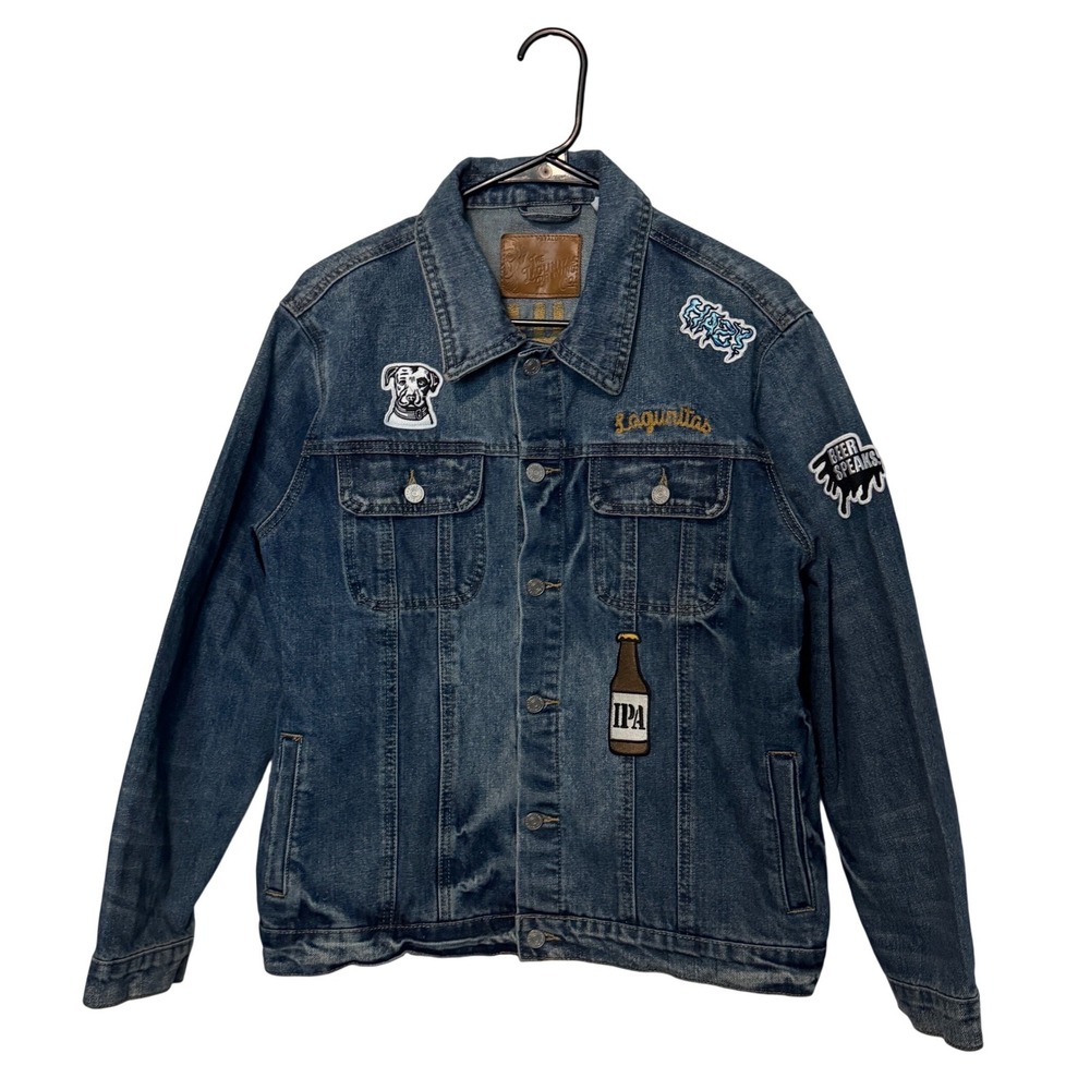 Lagunitas Brewing Co Denim Trucker Jacket Mens Large Blue Patched IPA Beer Promo